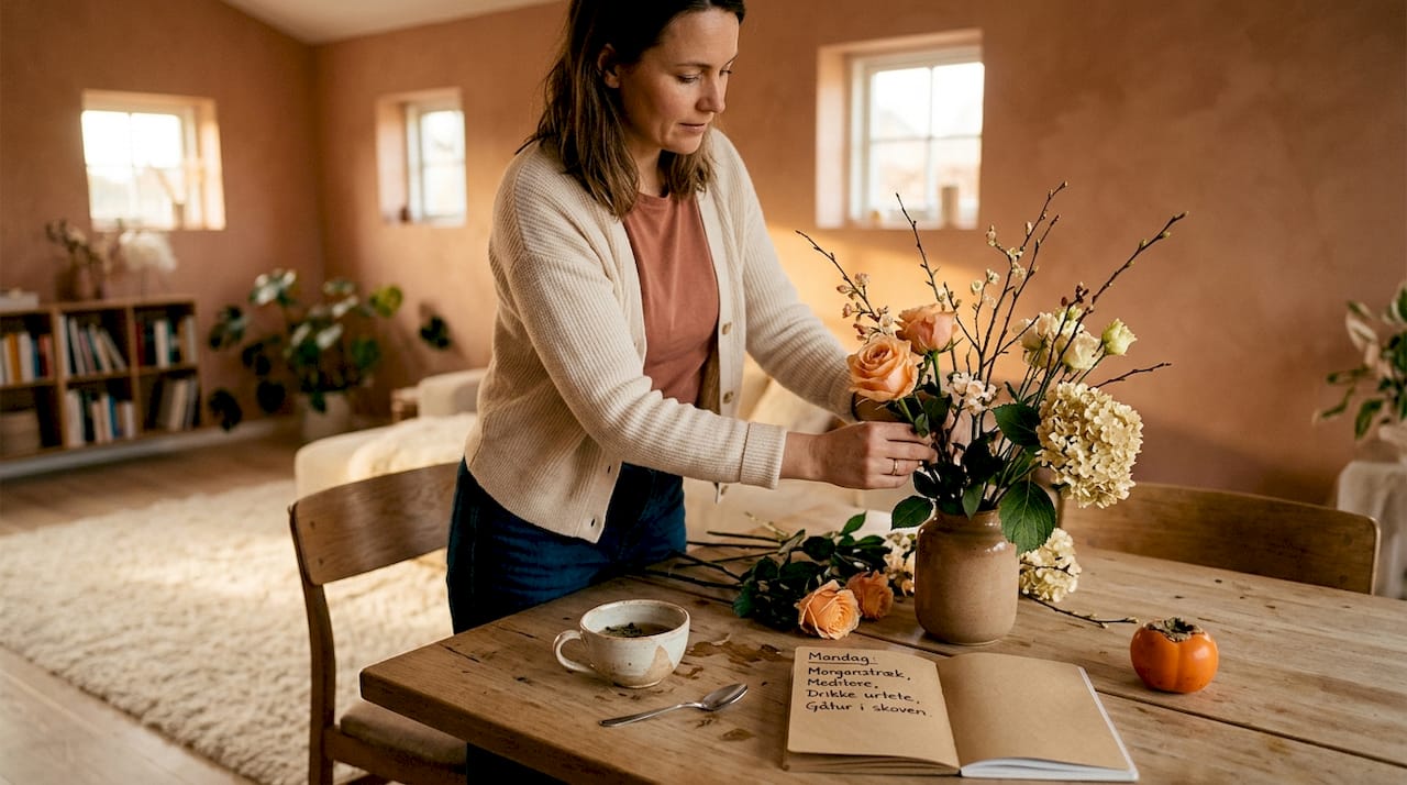 En kvinde arrangerer blomster i sit lyse og hyggelige hjem.