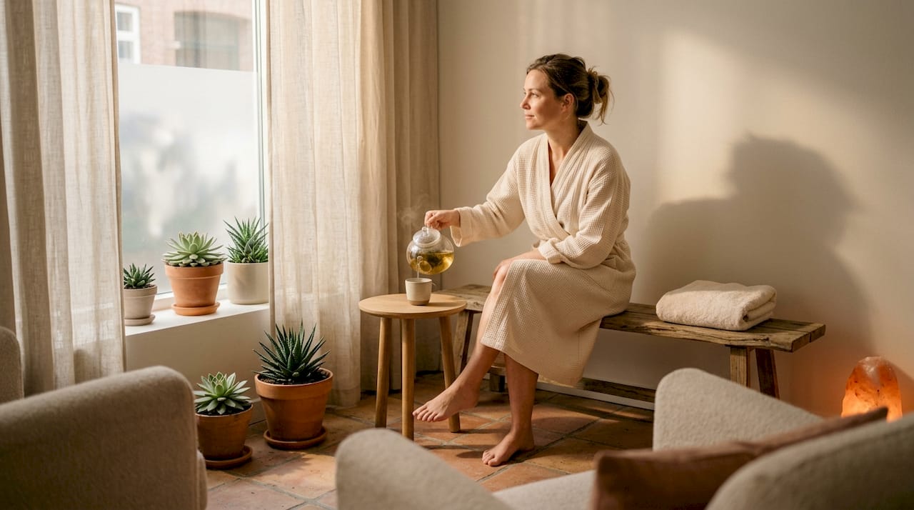 Kvinde nyder en kop urtete i afslappende omgivelser på et wellness-center.