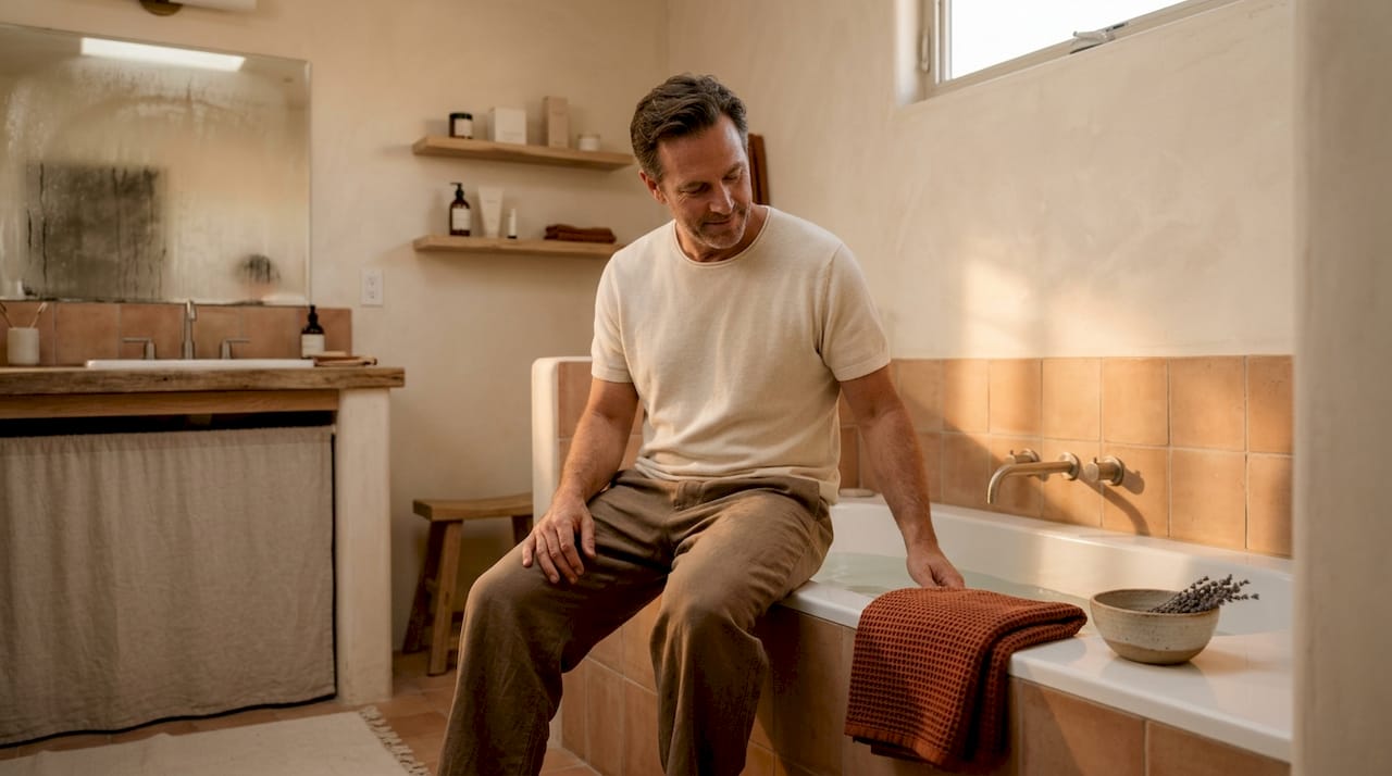 En mand gør klar til sin aftenrutine med afslappende hydromassage i badekarret.