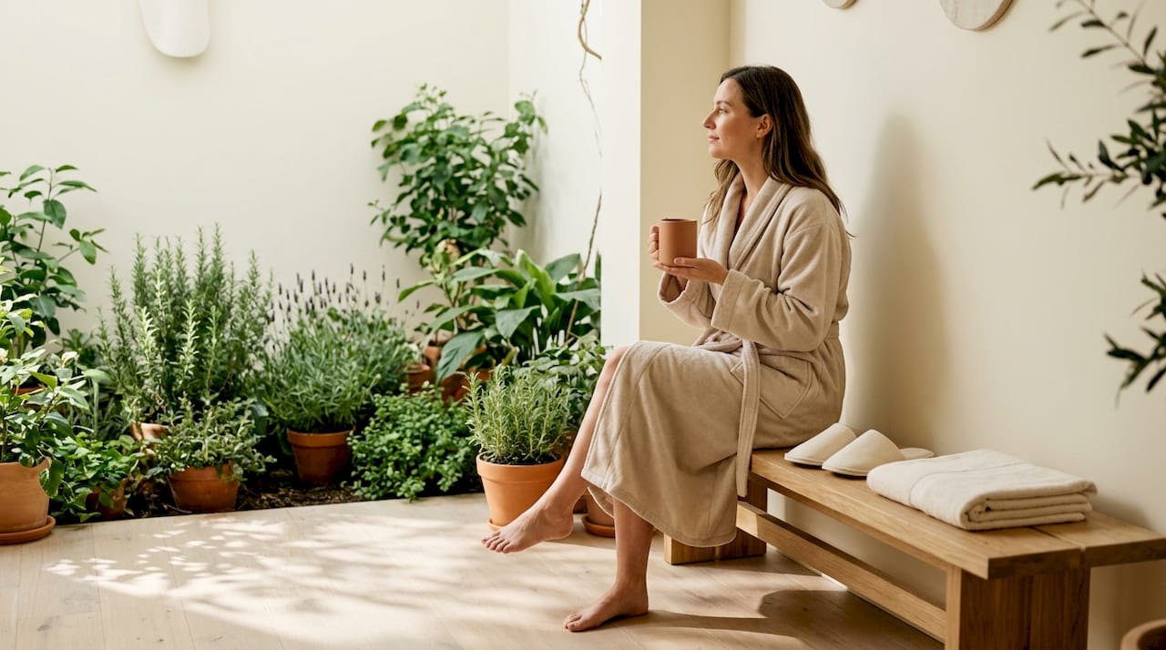En kvinde nyder en rolig stund med en kop te i en afslappende spa-lounge.