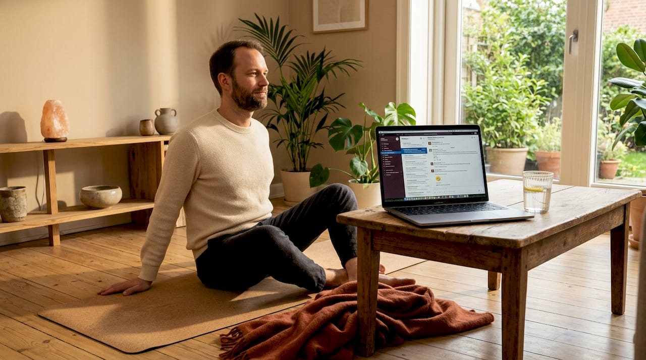 En mand laver udstræk på sin yogamåtte i stuen
