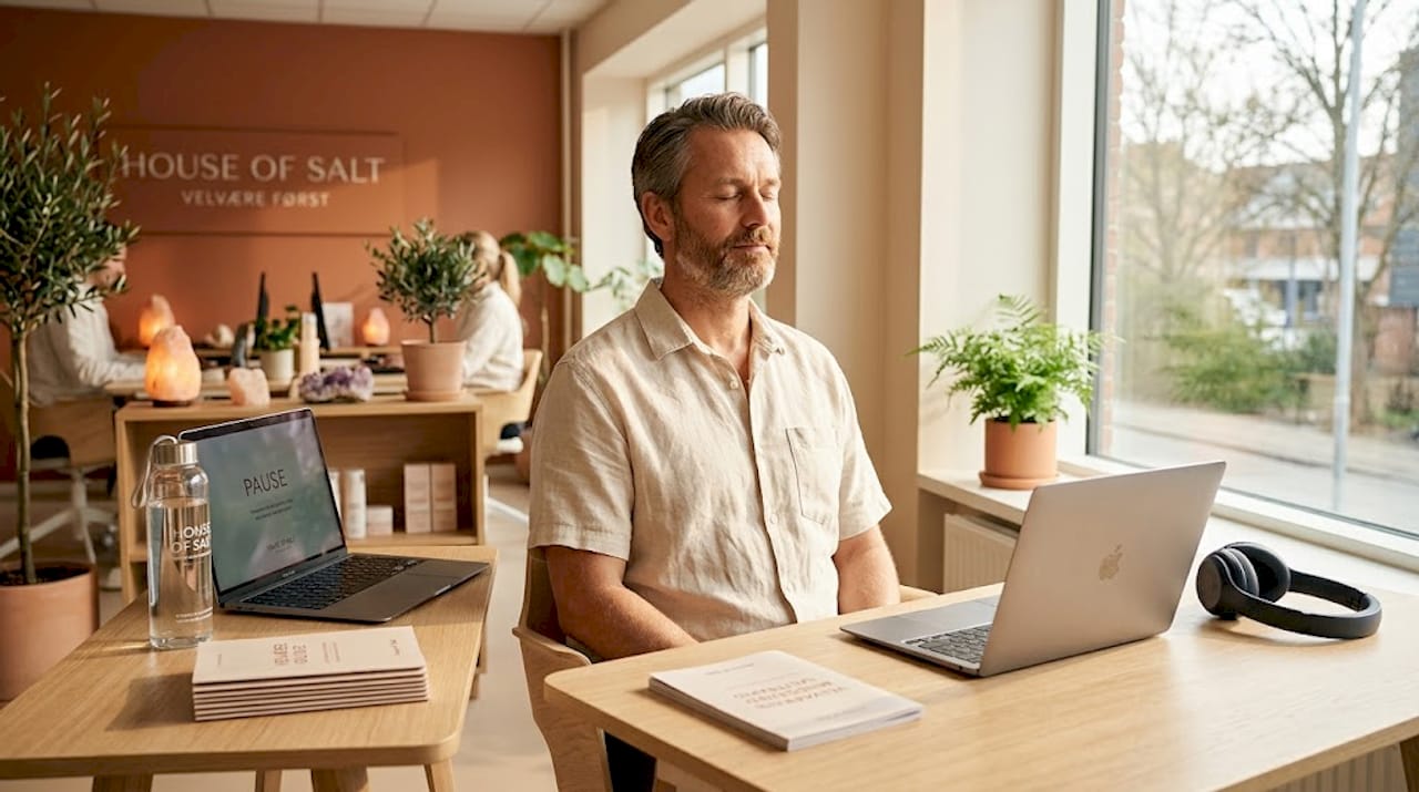 Et øjebliks mindfulness ved skrivebordet i det åbne kontorlandskab