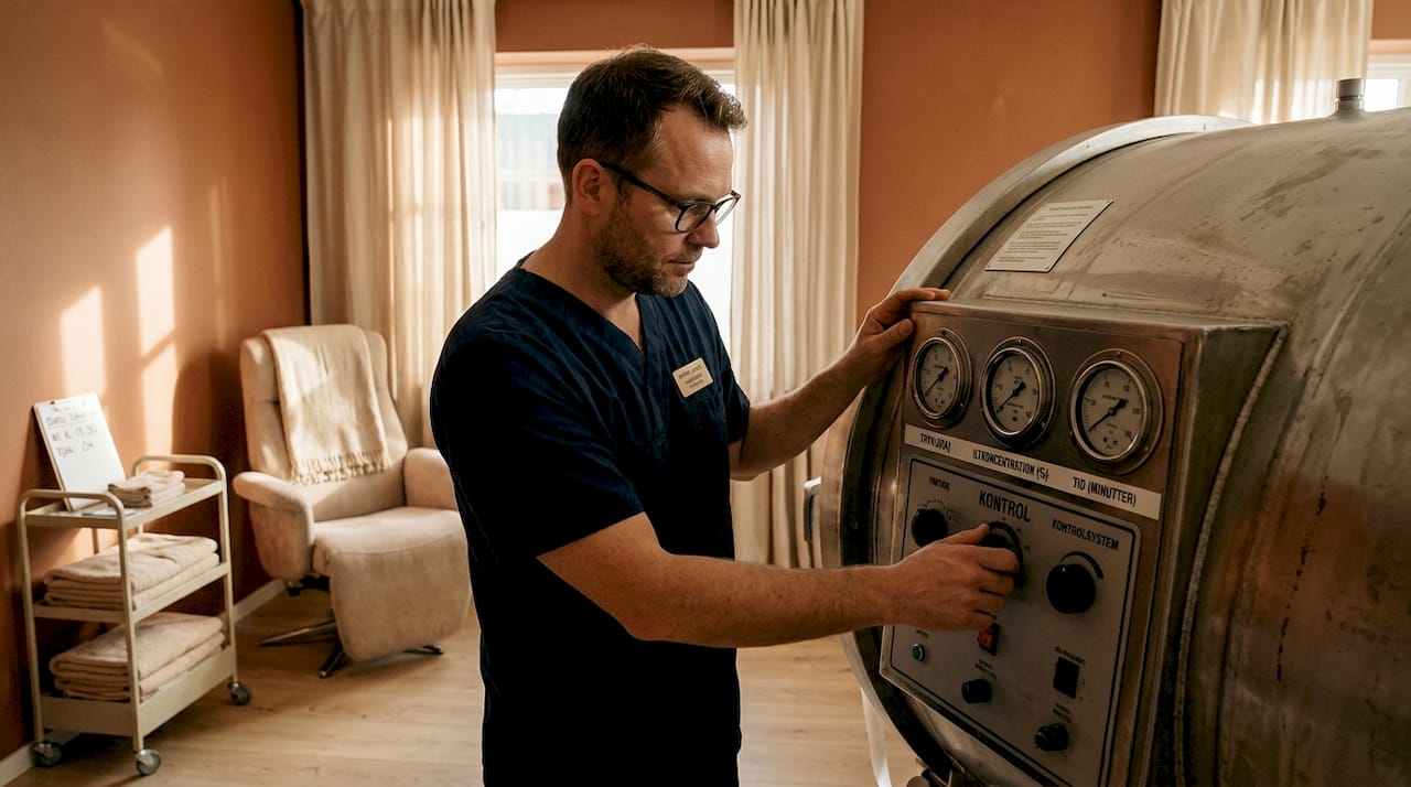 En tekniker gennemgår kontrolpanelet på trykkammeret for at sikre, at alt fungerer som det skal.