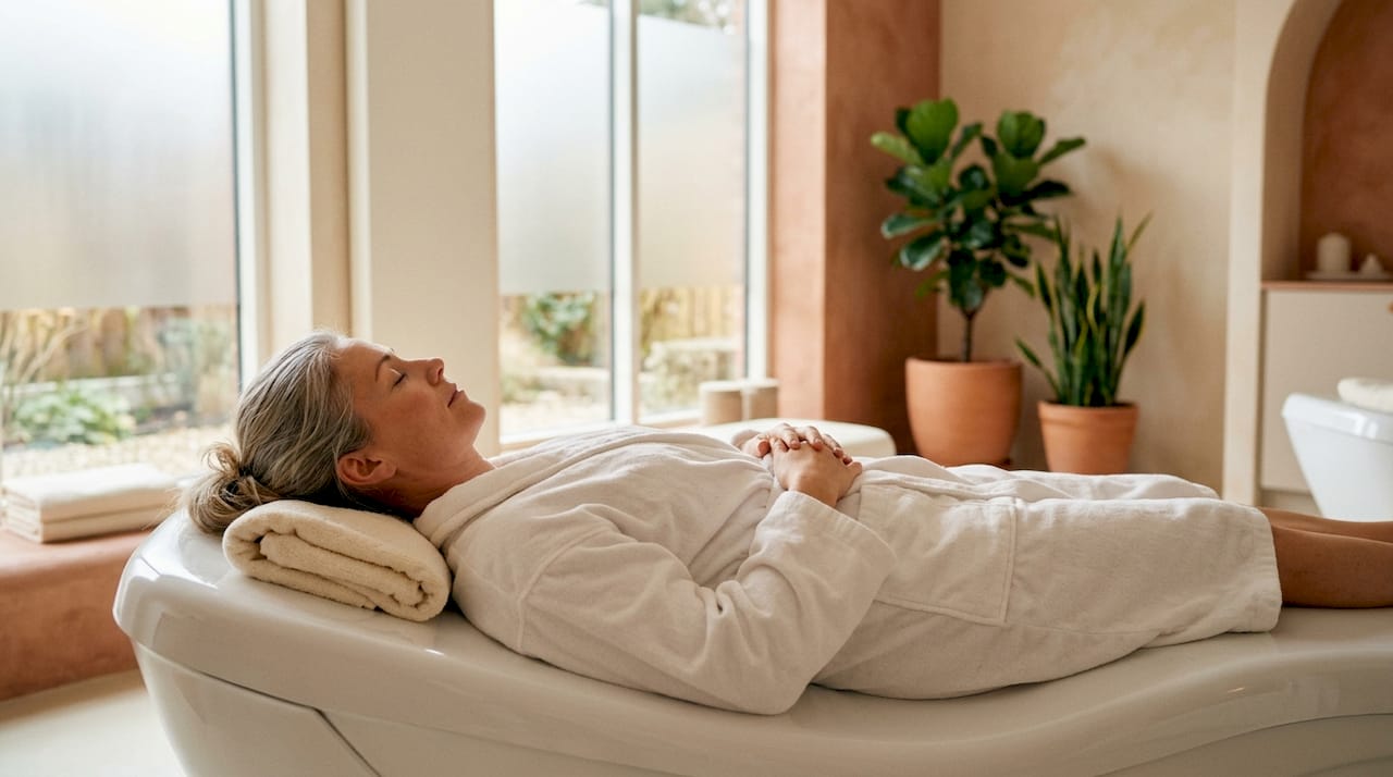En kvinde nyder en afslappende stund på en hydromassagebriks i spaen.
