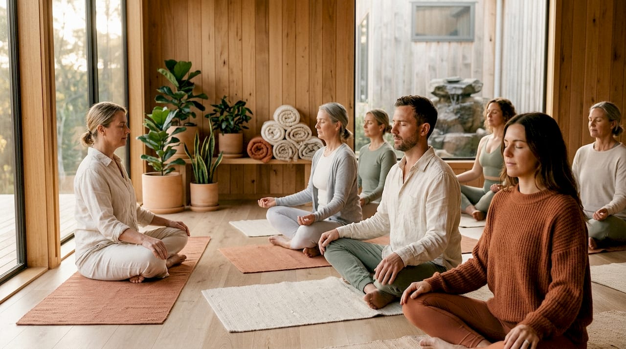 En gruppe sidder sammen og mediterer i et lyst og indbydende yogastudie.