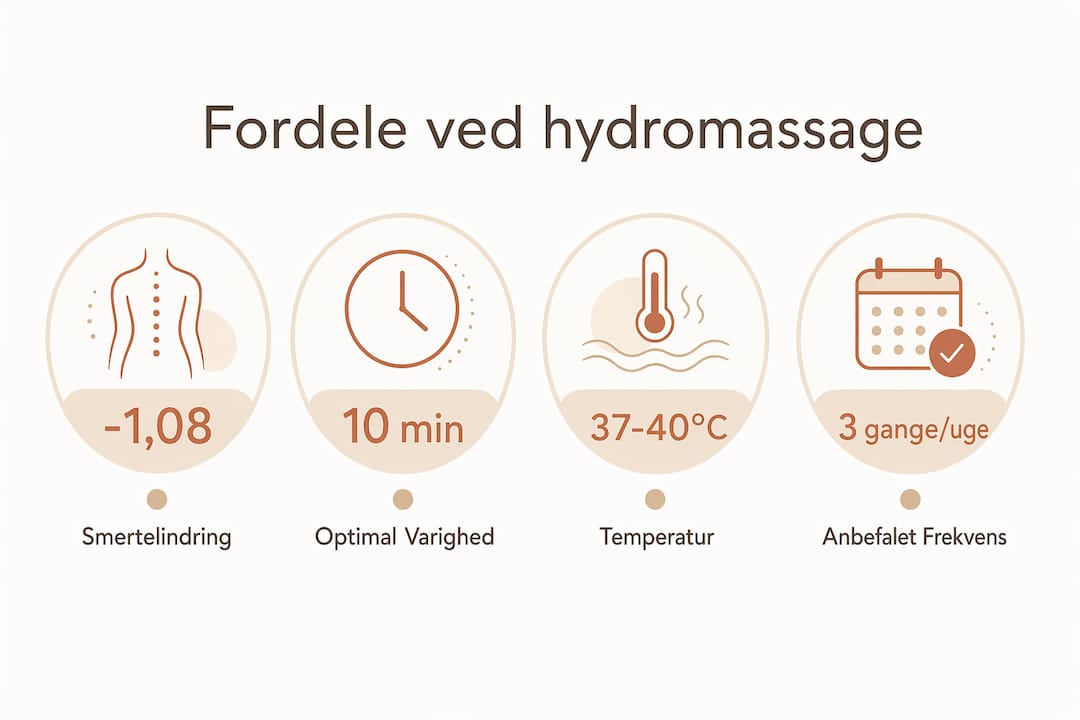Oversigt med grafik, der viser de vigtigste fordele ved hydromassage samt relevante indstillinger