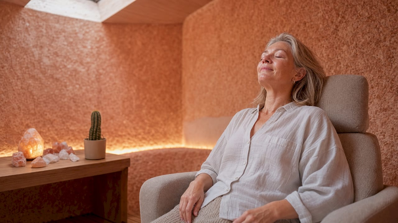 En person nyder en afslappende saltsession i et spa, hvor de indånder den velgørende salttåge.