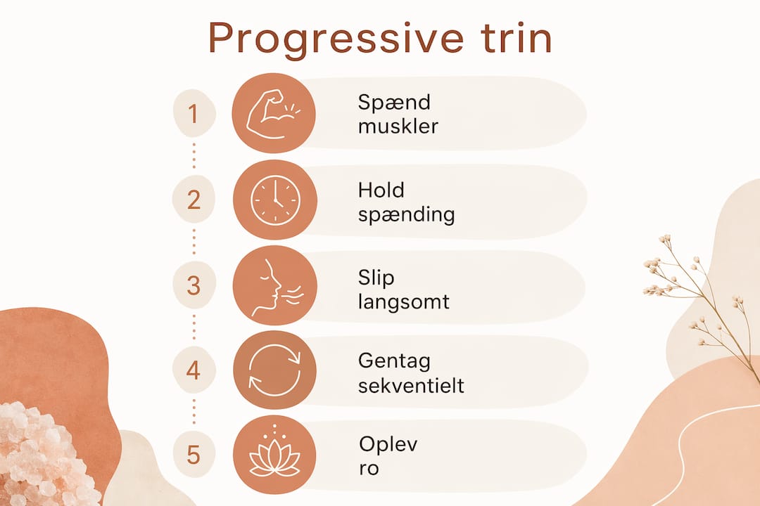 Grafisk oversigt over de enkelte trin i progressiv muskelafslapning