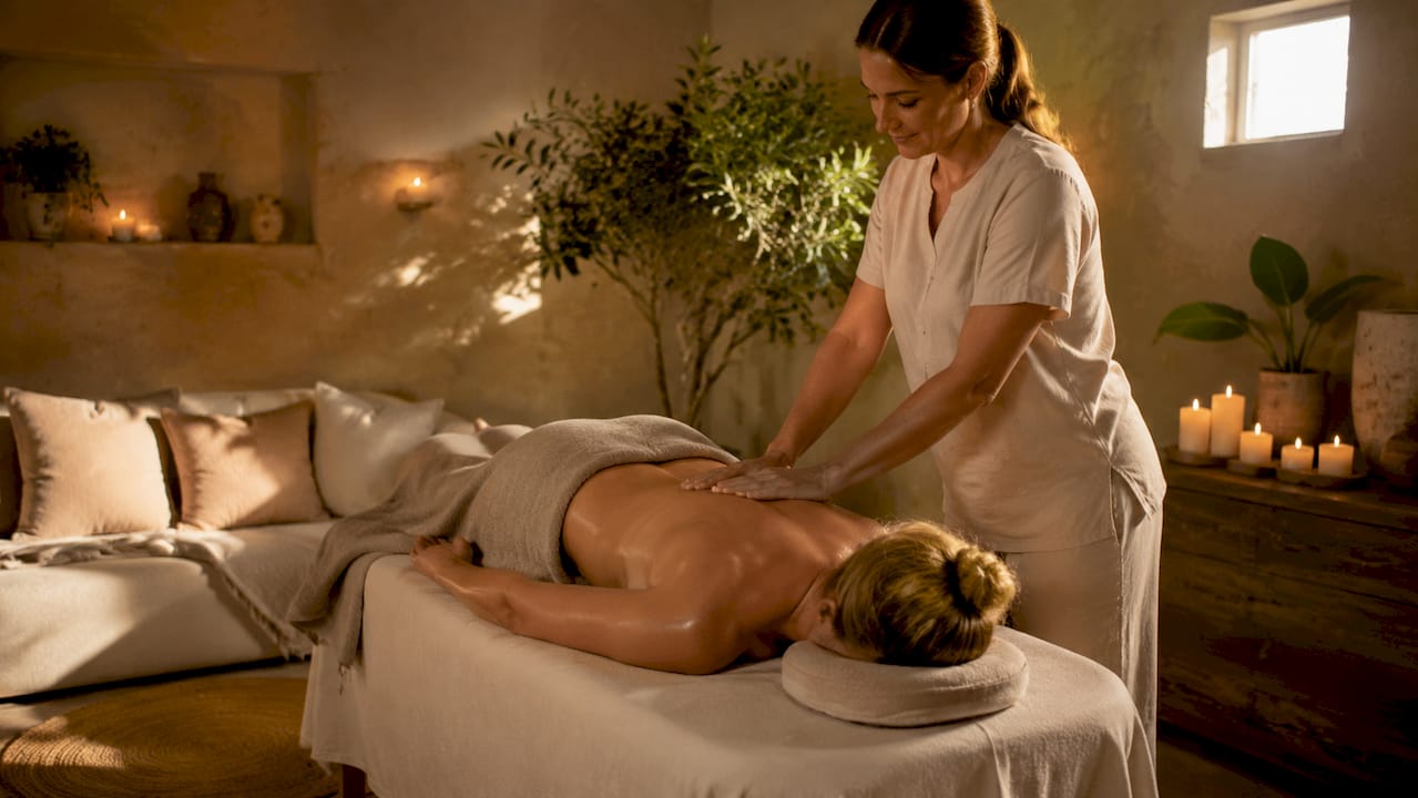 En kvinde nyder en afslappende helkropsmassage i rolige omgivelser på et wellnesscenter.