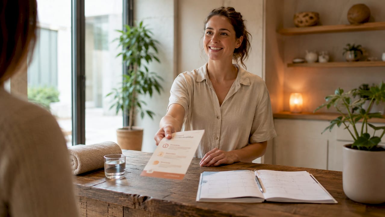 En gæst står i receptionen og bladrer i en brochure med gode råd til saunabesøget.