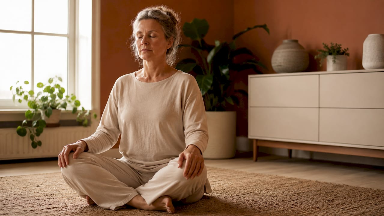 Kvinde sidder ved sit skrivebord og øver sig i mindfulness