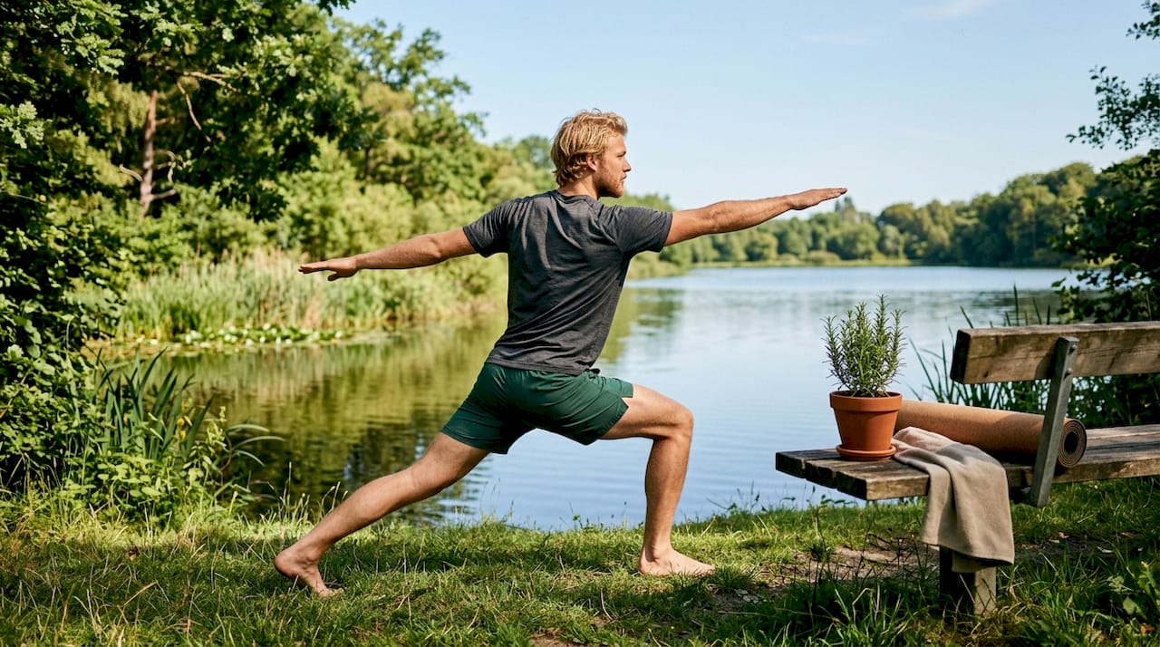 Mand dyrker yoga under åben himmel i parken