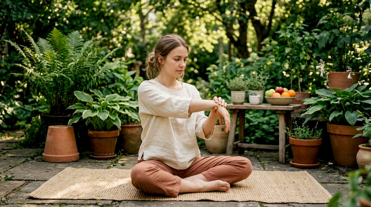 Hænder strækkes ud på yogamåtten i et nærbillede.