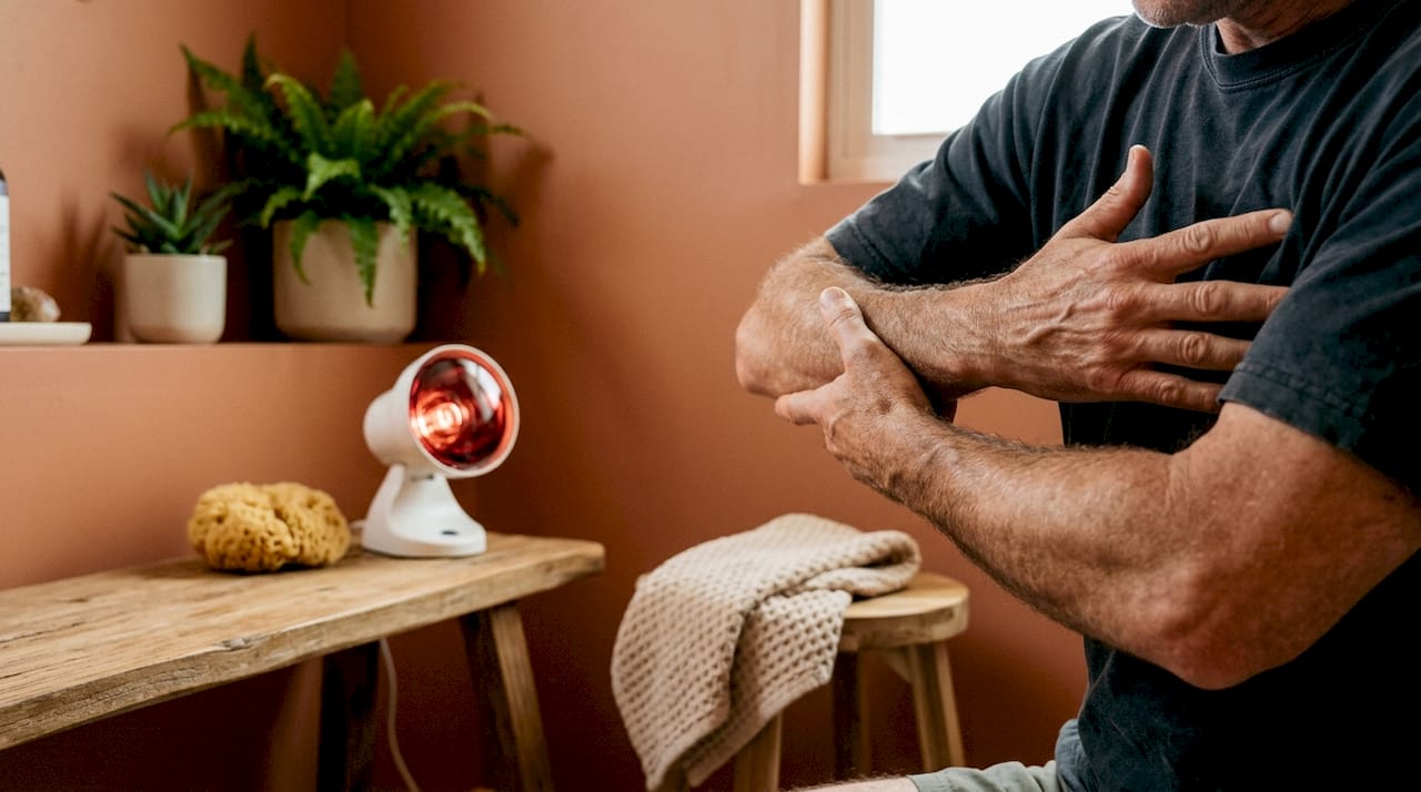En mand sidder og masserer sin underarm efter at have fået infrarød behandling.