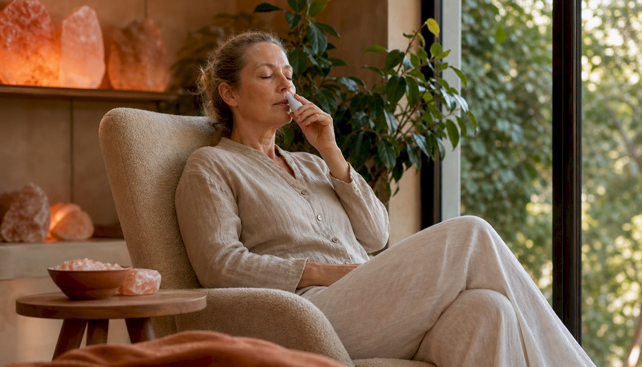 En kvinde sidder og får inhalationsbehandling med salt, hvor hun trækker vejret ind i et særligt rum for at styrke sine luftveje.