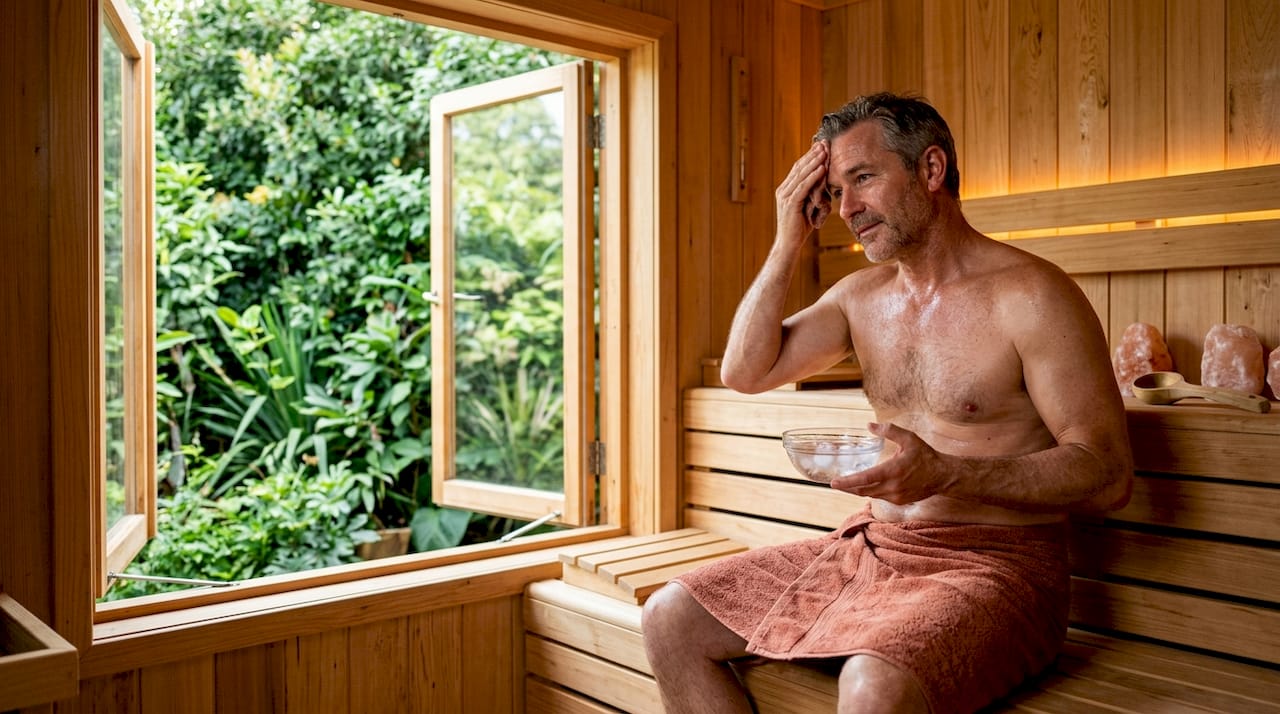 En mand slapper af i en infrarød sauna med et glas vand i hånden.
