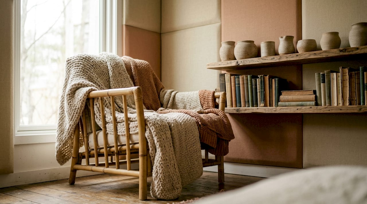 Detalje af lydabsorberende materialer i et wellnessmiljø