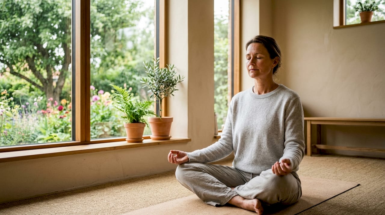 En kvinde sidder og mediterer i et roligt og indbydende wellnessrum, hvor der er plads til fordybelse og velvære.