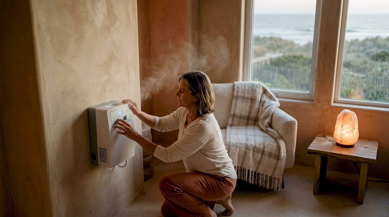 En wellness-behandler gør udstyret klar i saltrummet, så alt er perfekt til næste session.