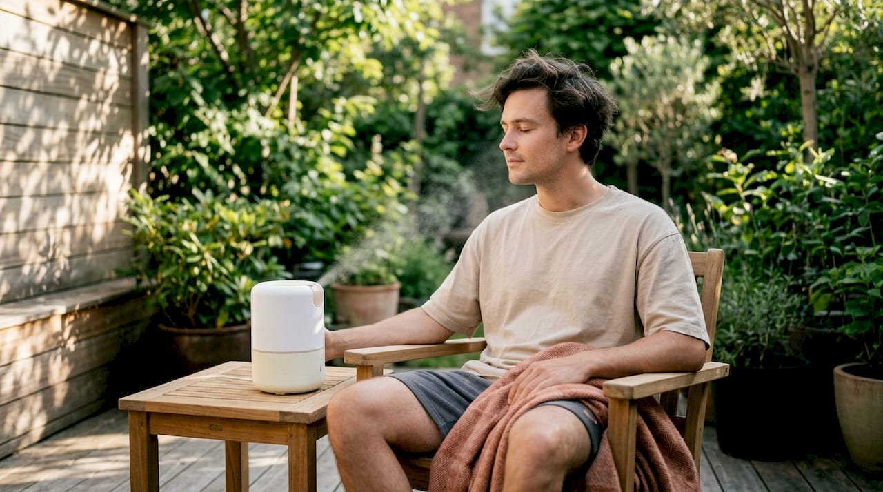 Ung mand nyder saltterapi derhjemme i sit eget lille wellness-hjørne