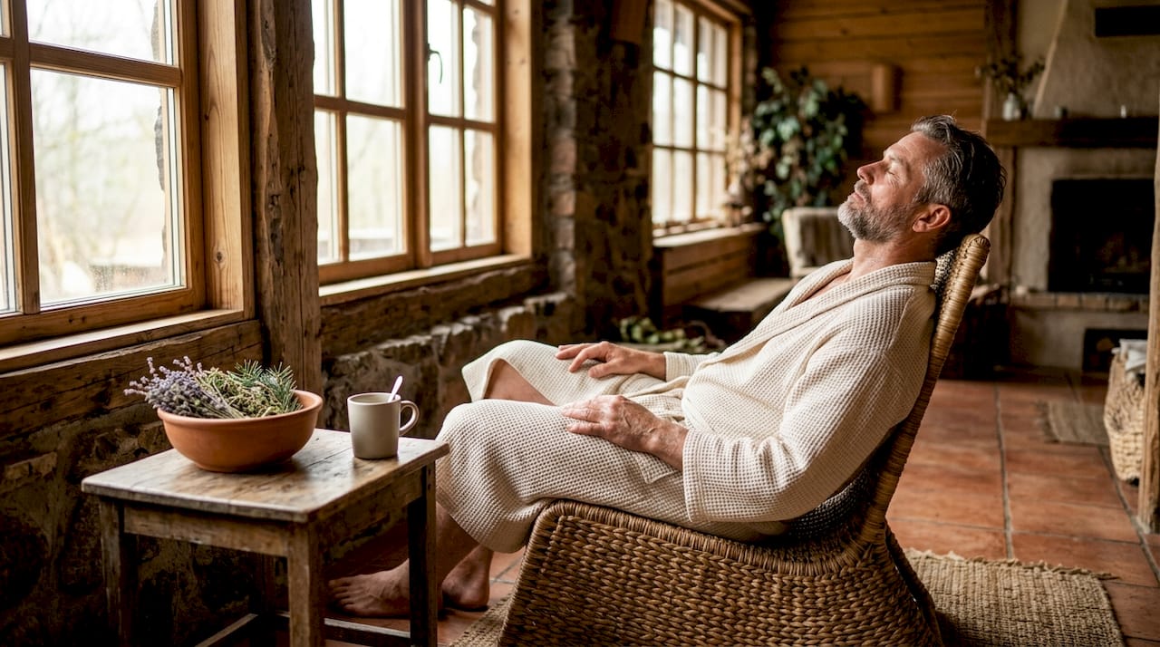 En mand nyder roen i en klassisk finsk sauna af træ.