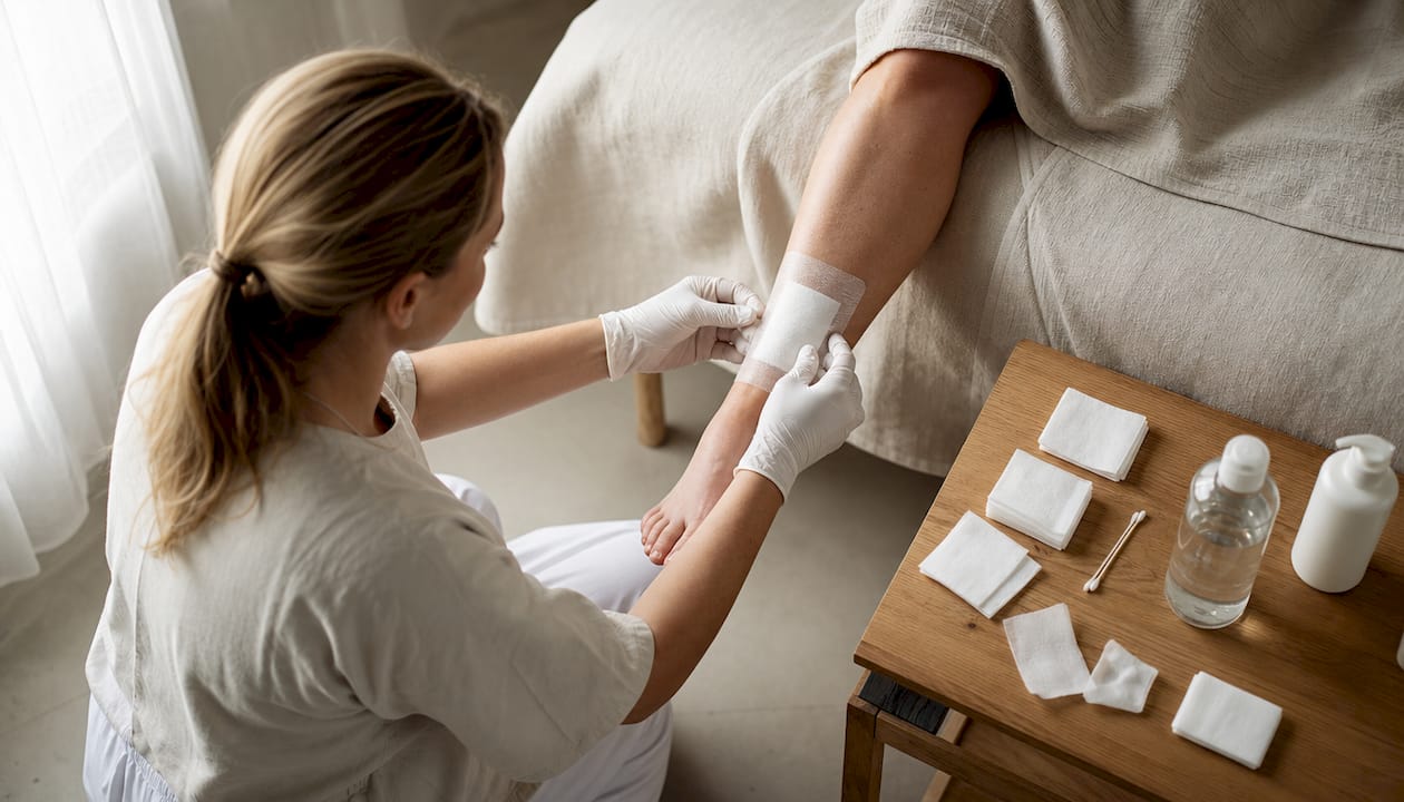 En sundhedsmedarbejder gør klar til at lægge nyt plaster på et sår.