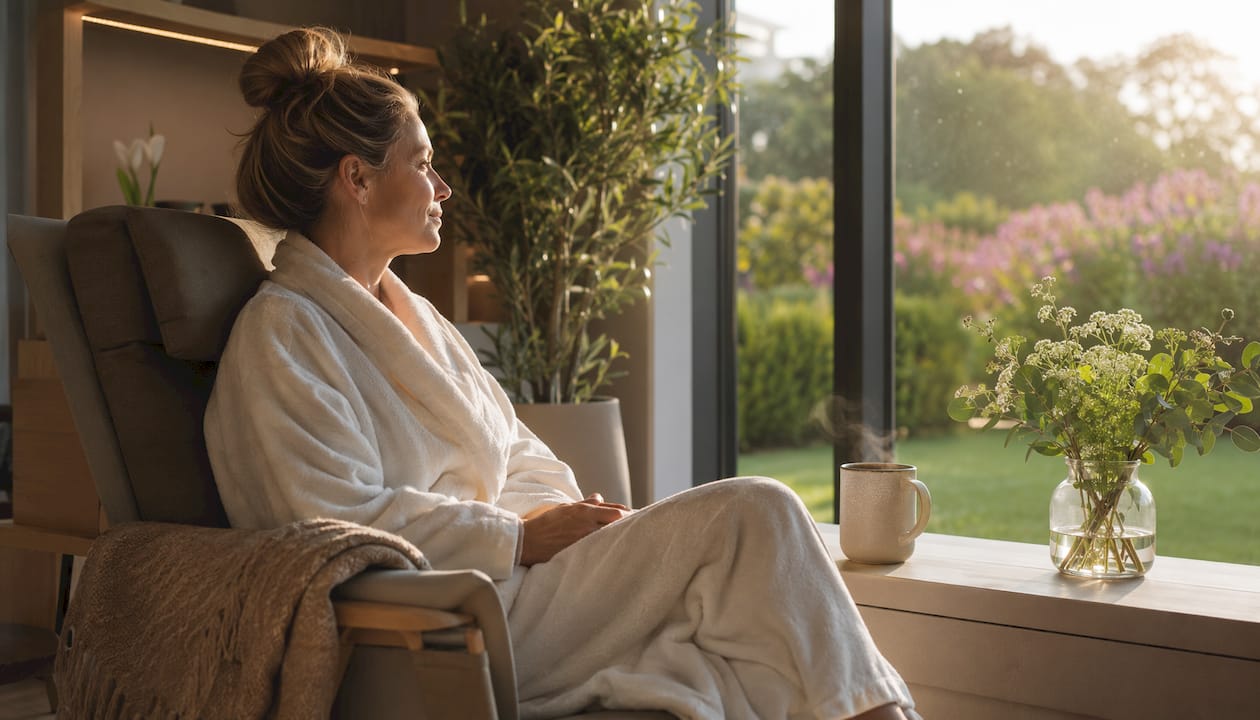 Kvinde nyder roen i afslapningsområdet på et dansk wellness-spa