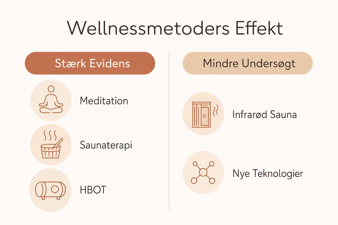 Grafisk oversigt over forskellige wellness-metoder og hvor meget dokumentation der er for, at de virker
