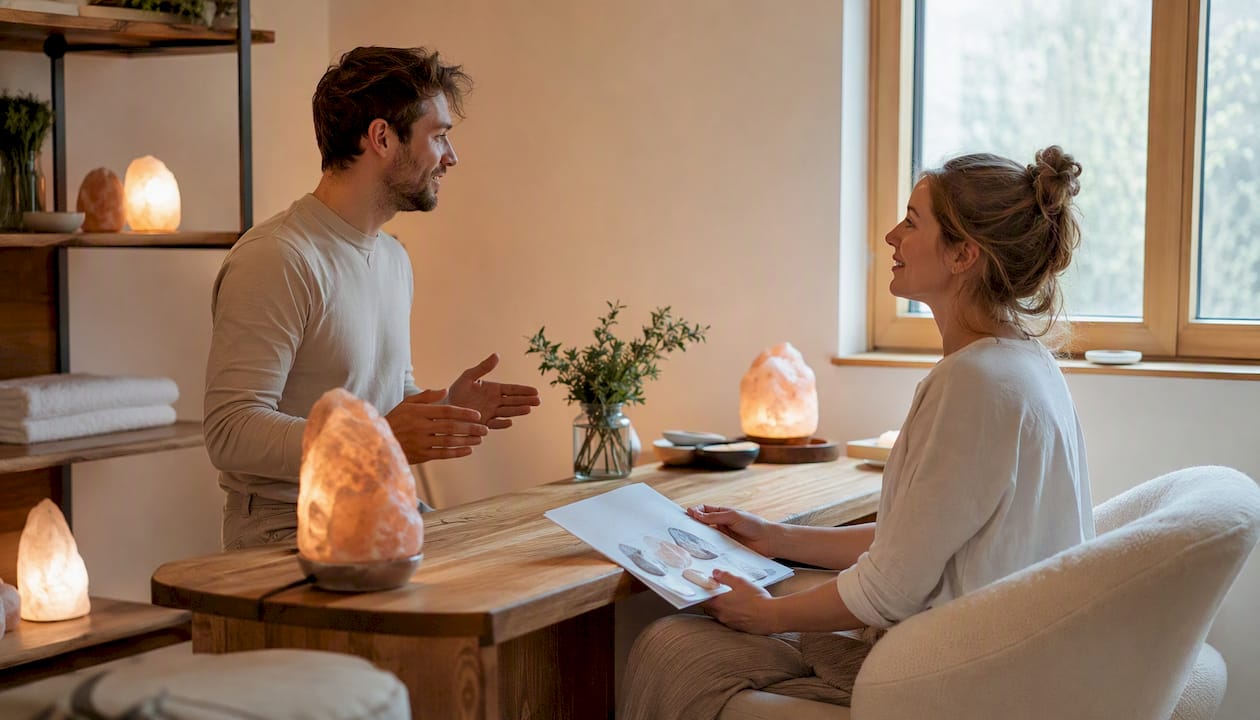En behandler og en klient sidder og taler sammen om mulighederne ved hydromassage og hvilke fordele, det kan have for klientens velvære.