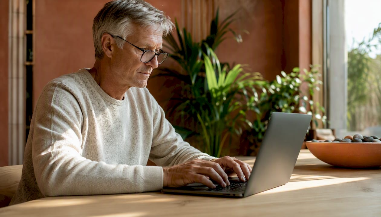 En mand sidder ved sit skrivebord i det moderne hjemmekontor og skriver en e-mail.