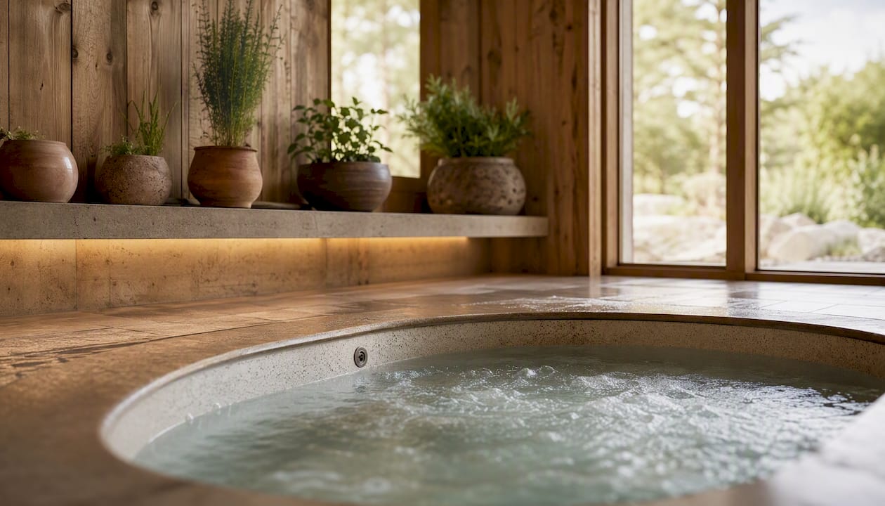 Dampende badekar midt i en hyggelig og varm spa-atmosfære