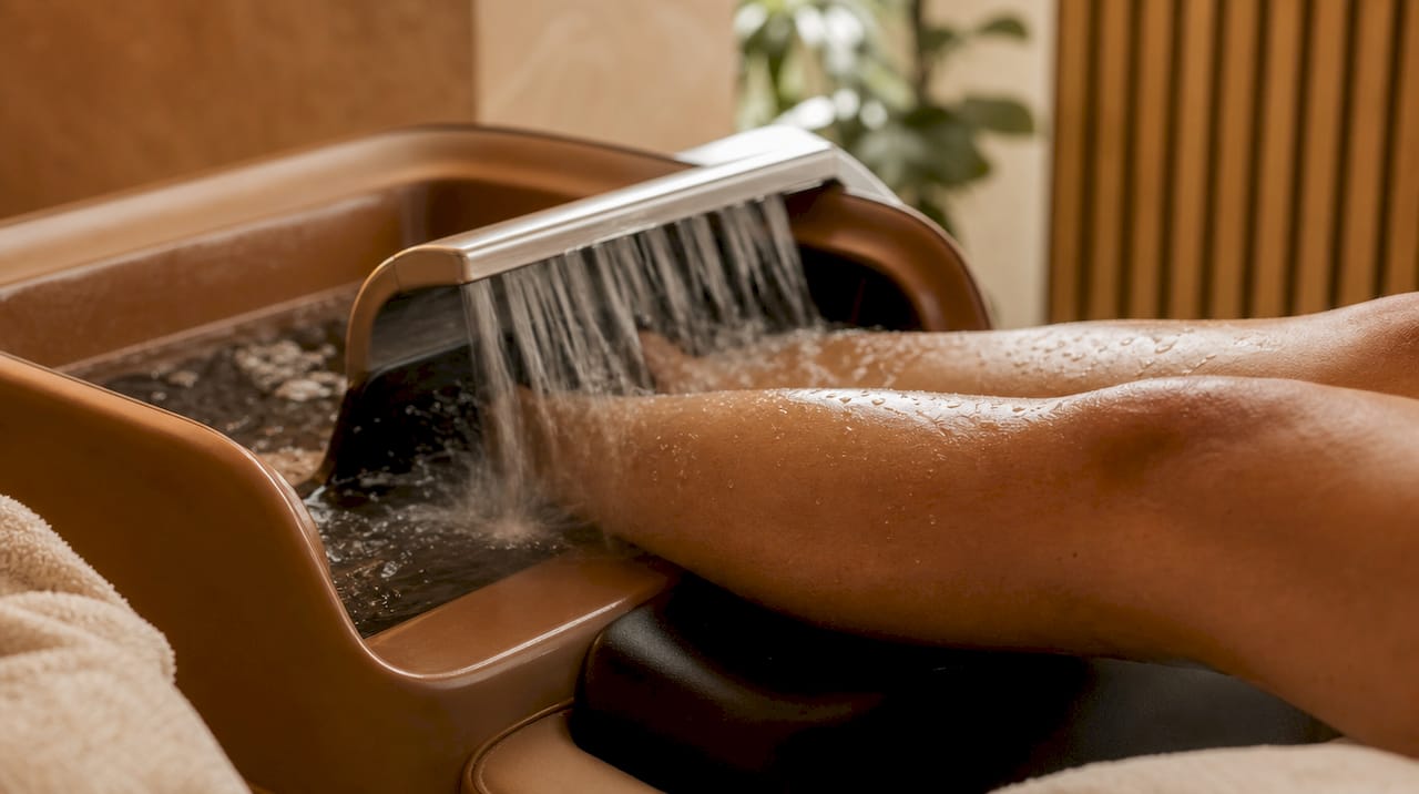 Detaljebillede af en sportsudøvers ben under hydromassage
