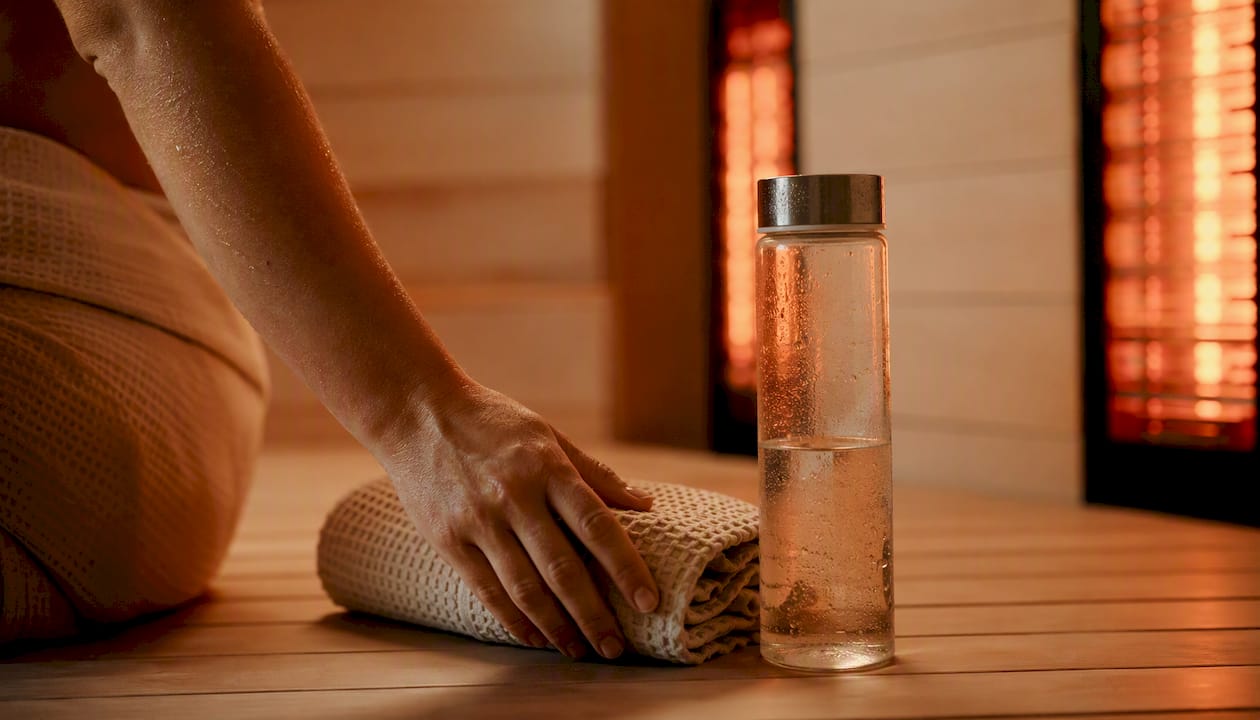 En hånd lægger et håndklæde og en vandflaske klar inde i en infrarød sauna.
