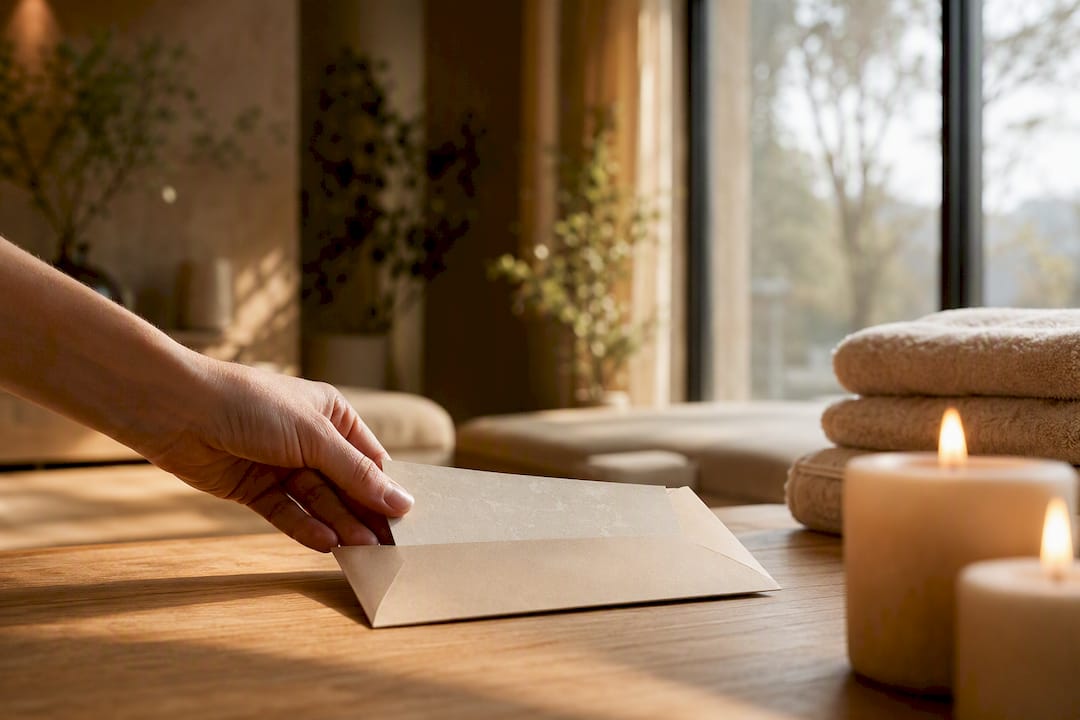 Person, der lægger et wellness-gavekort i en kuvert