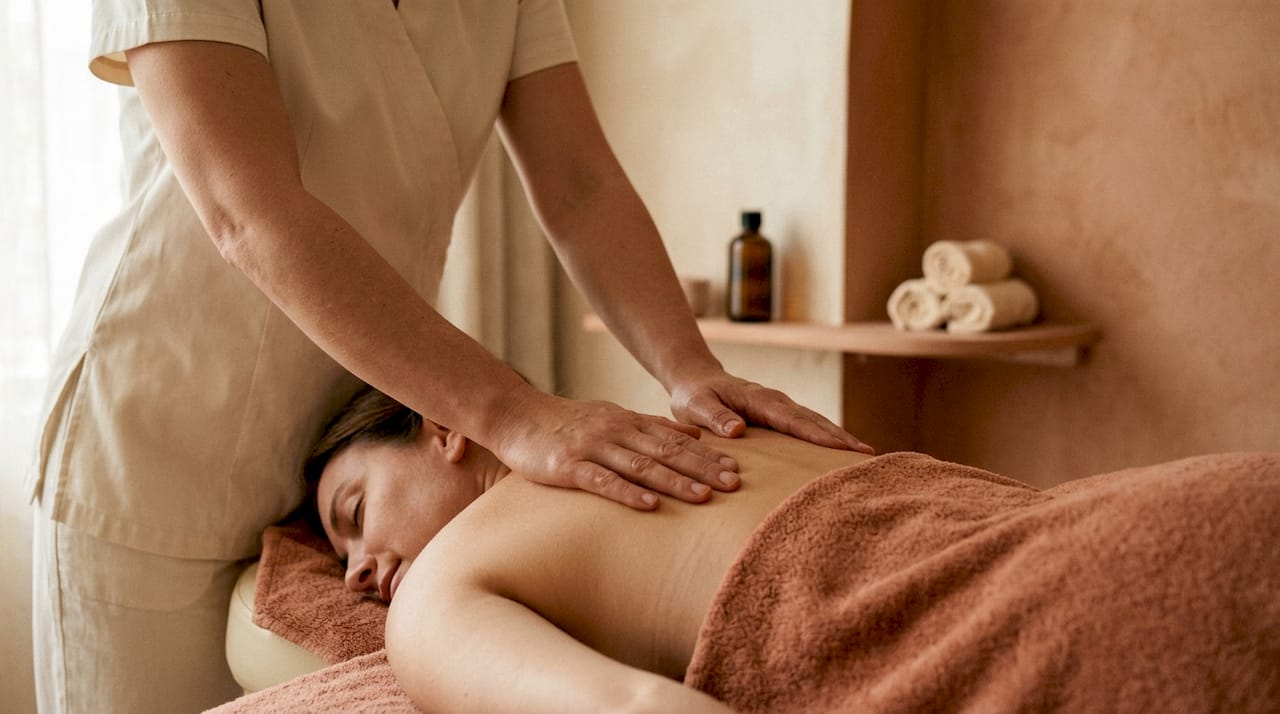 Terapeutens hænder giver skuldermassage