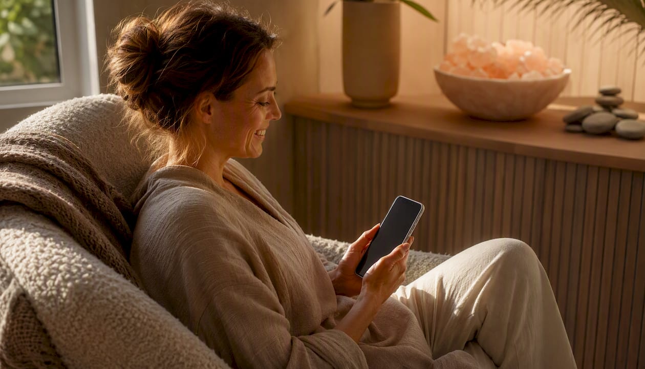 Afslappet kunde med smartphone og te