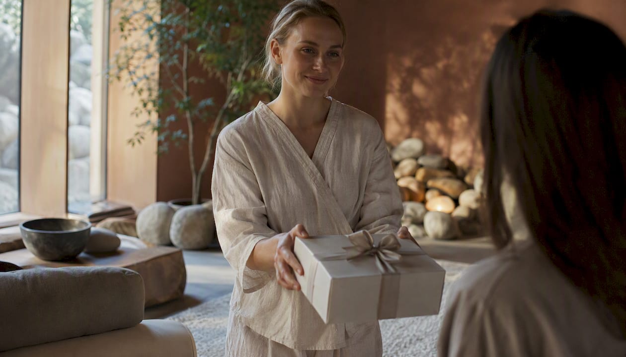 Hænder, der giver en wellness-gaveæske