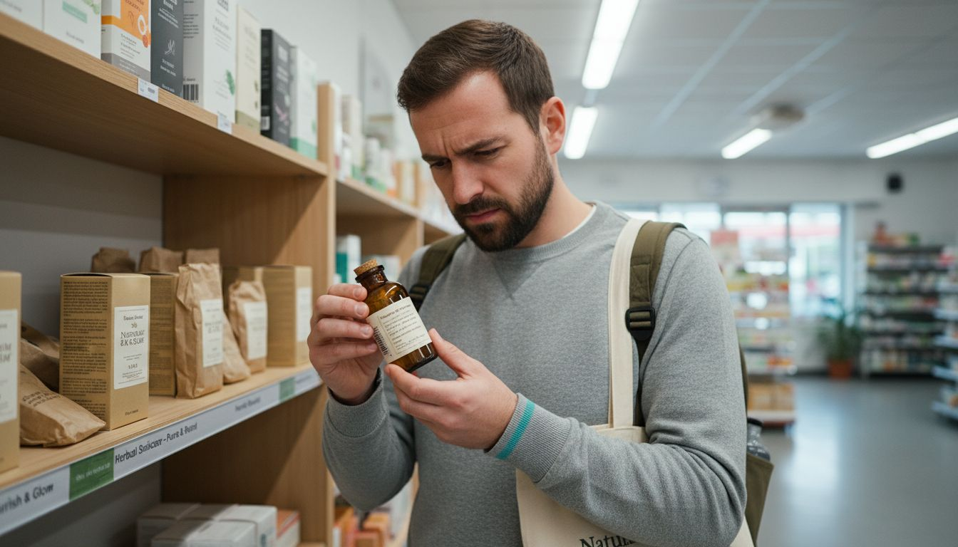 Man studying skincare ingredient label in store aisle