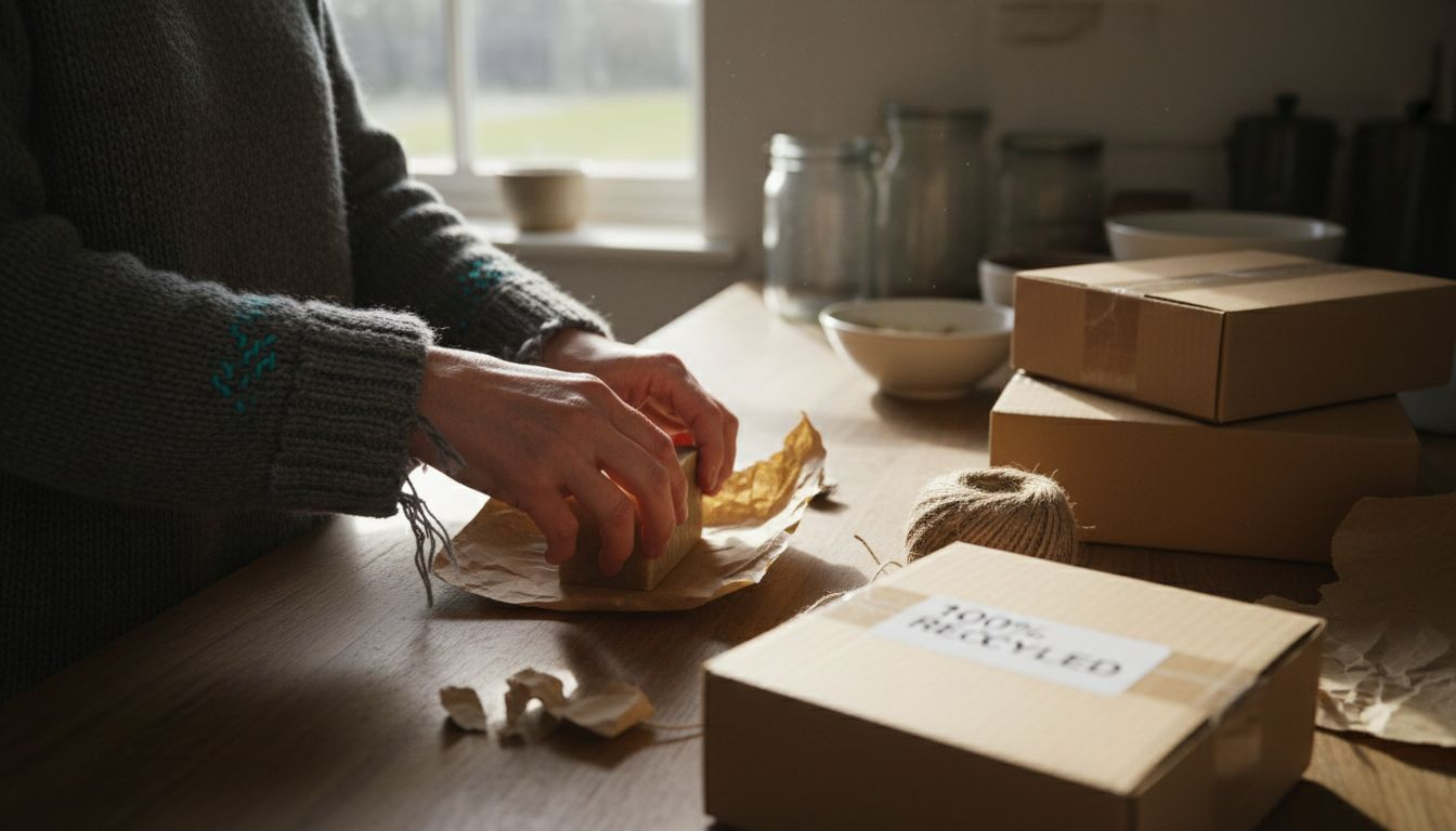 Hands wrapping soap in recycled paper packaging