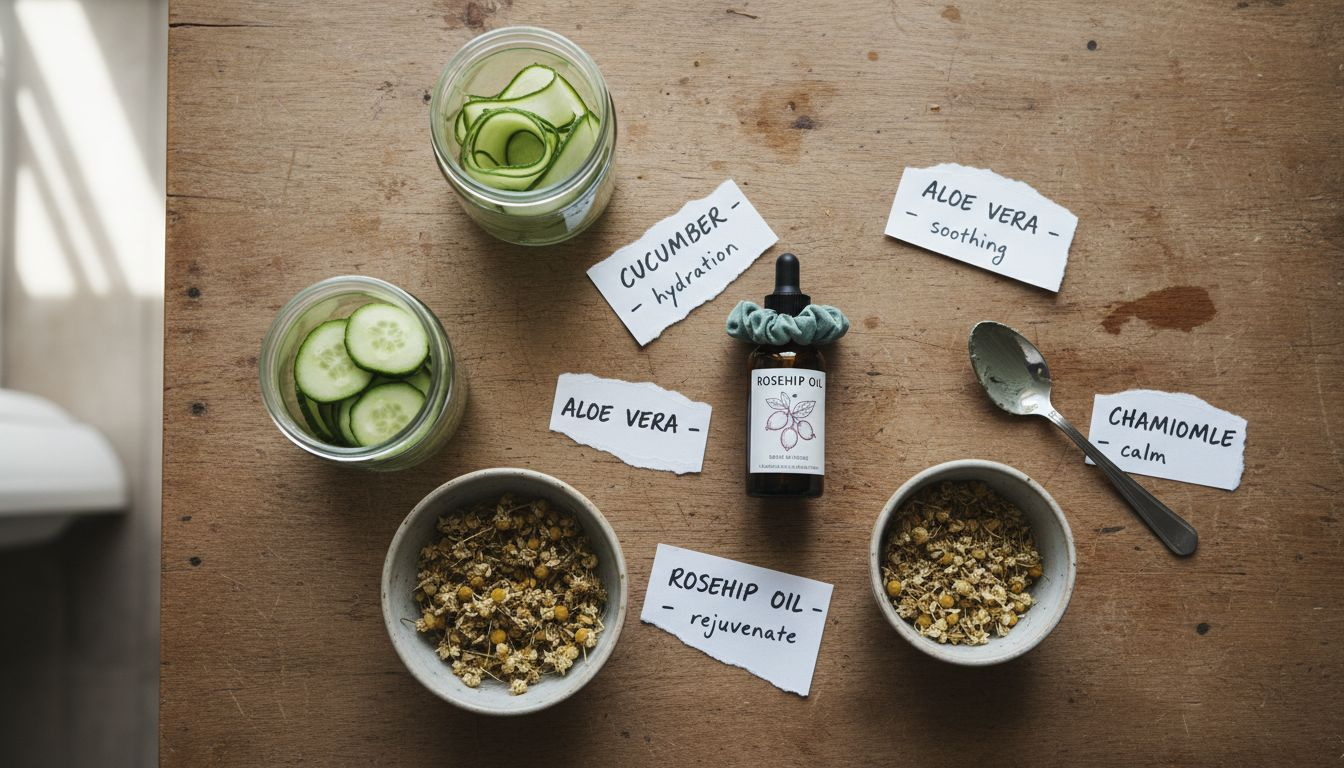 Plant-based skincare ingredients flat lay