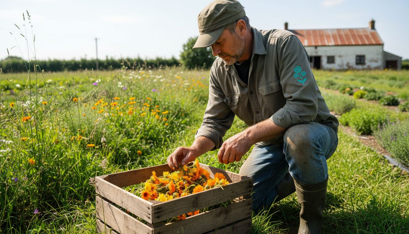 Agriculteur récoltant une récolte d'herbes biologiques