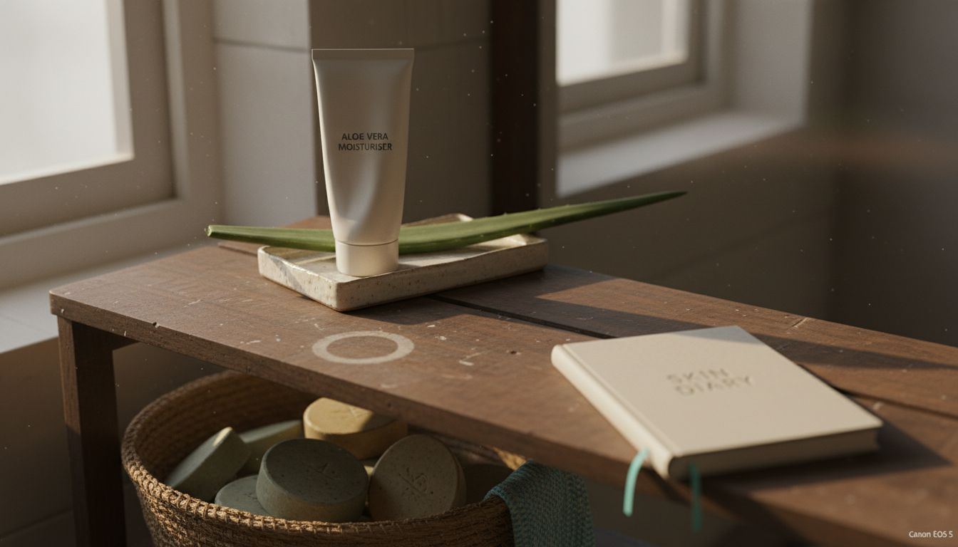 Aloe vera moisturizer on bathroom shelf
