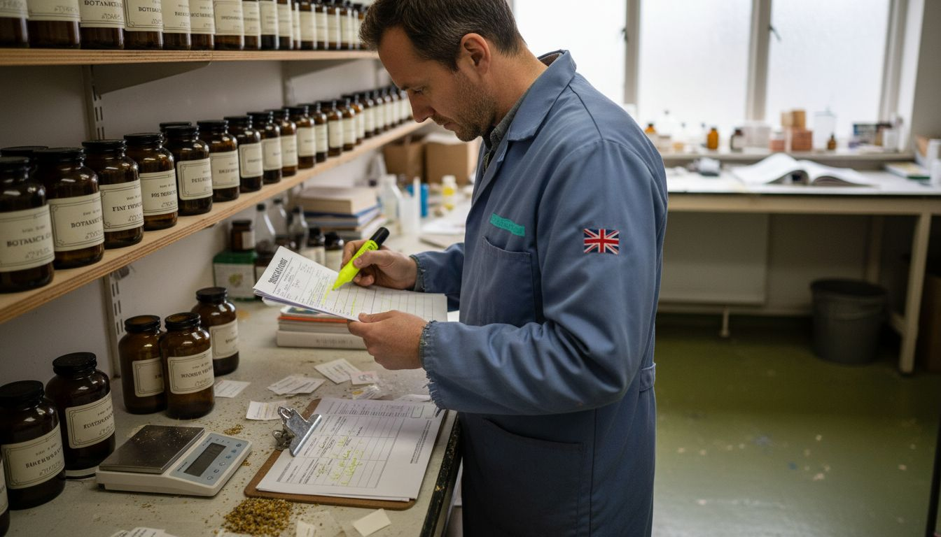Skincare lab manager checking botanical ingredients