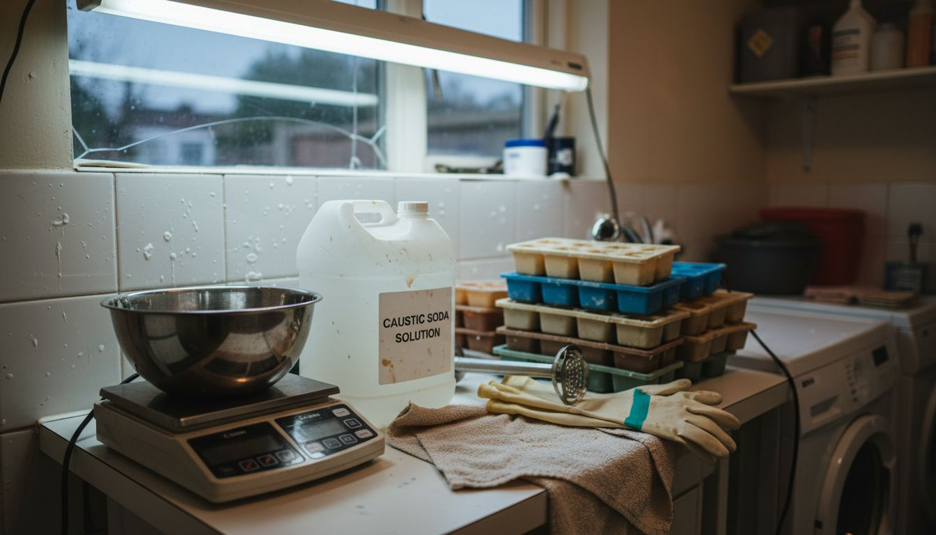 Soap-making tools arranged on utility table