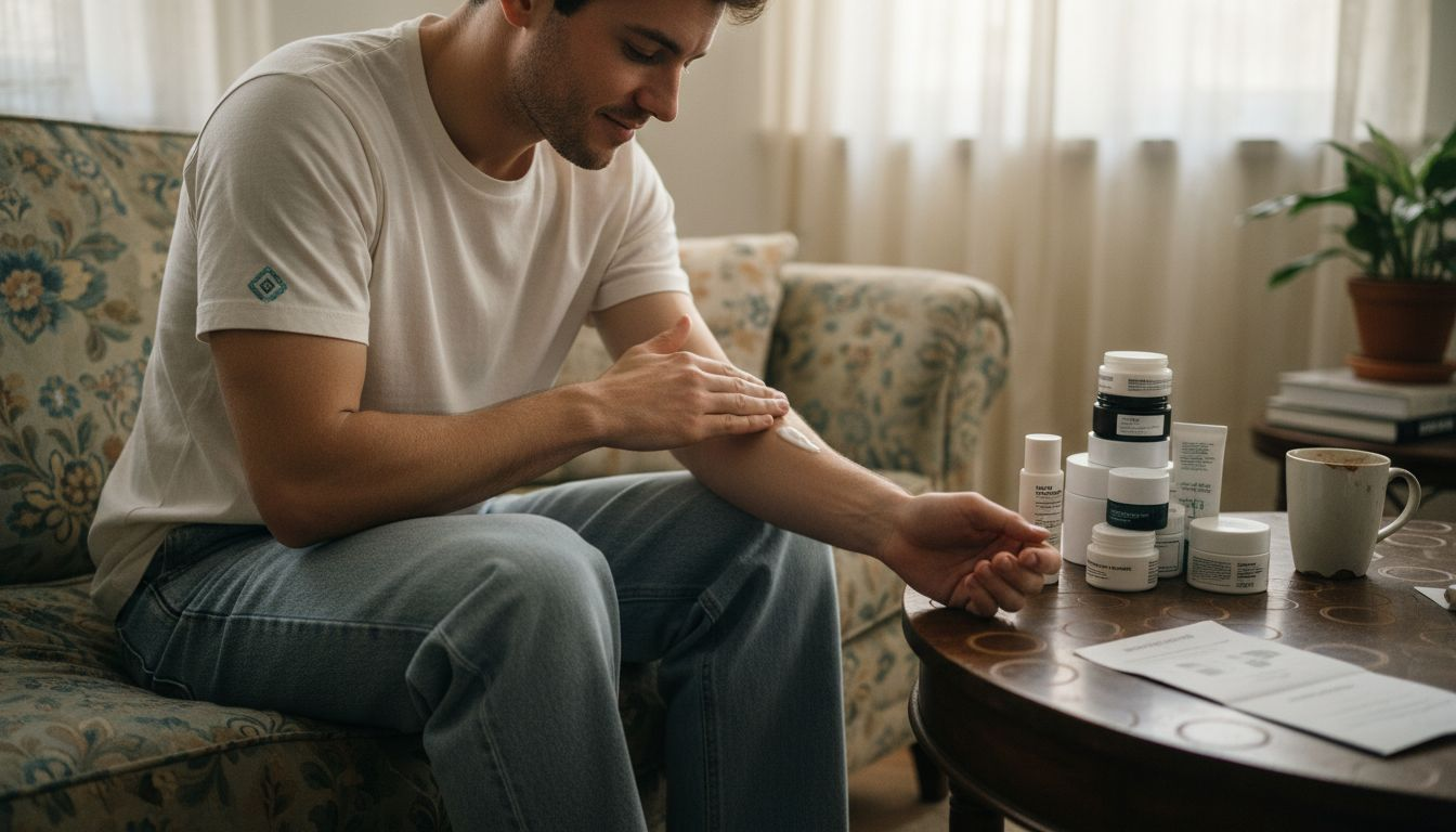 Man performing skincare patch test at home