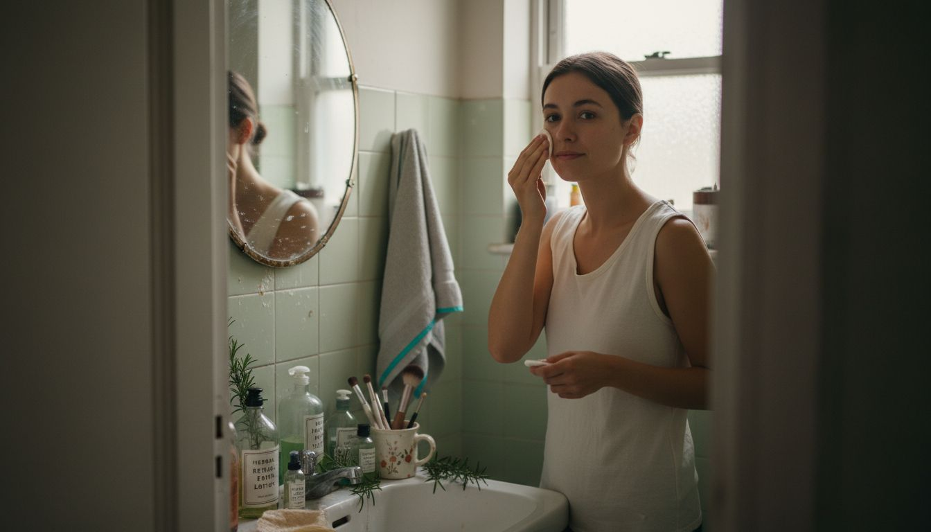 Woman applying natural toner in vintage bathroom