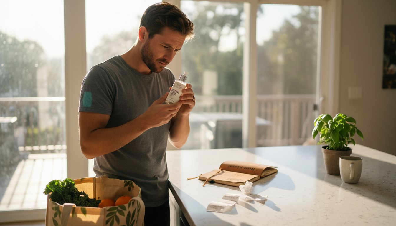 Man reading organic skincare label in kitchen