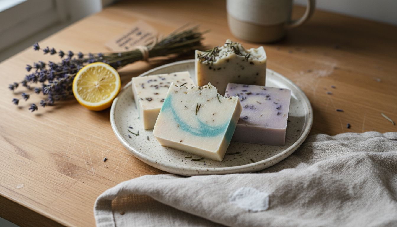 Natural ingredients with handmade soap closeup