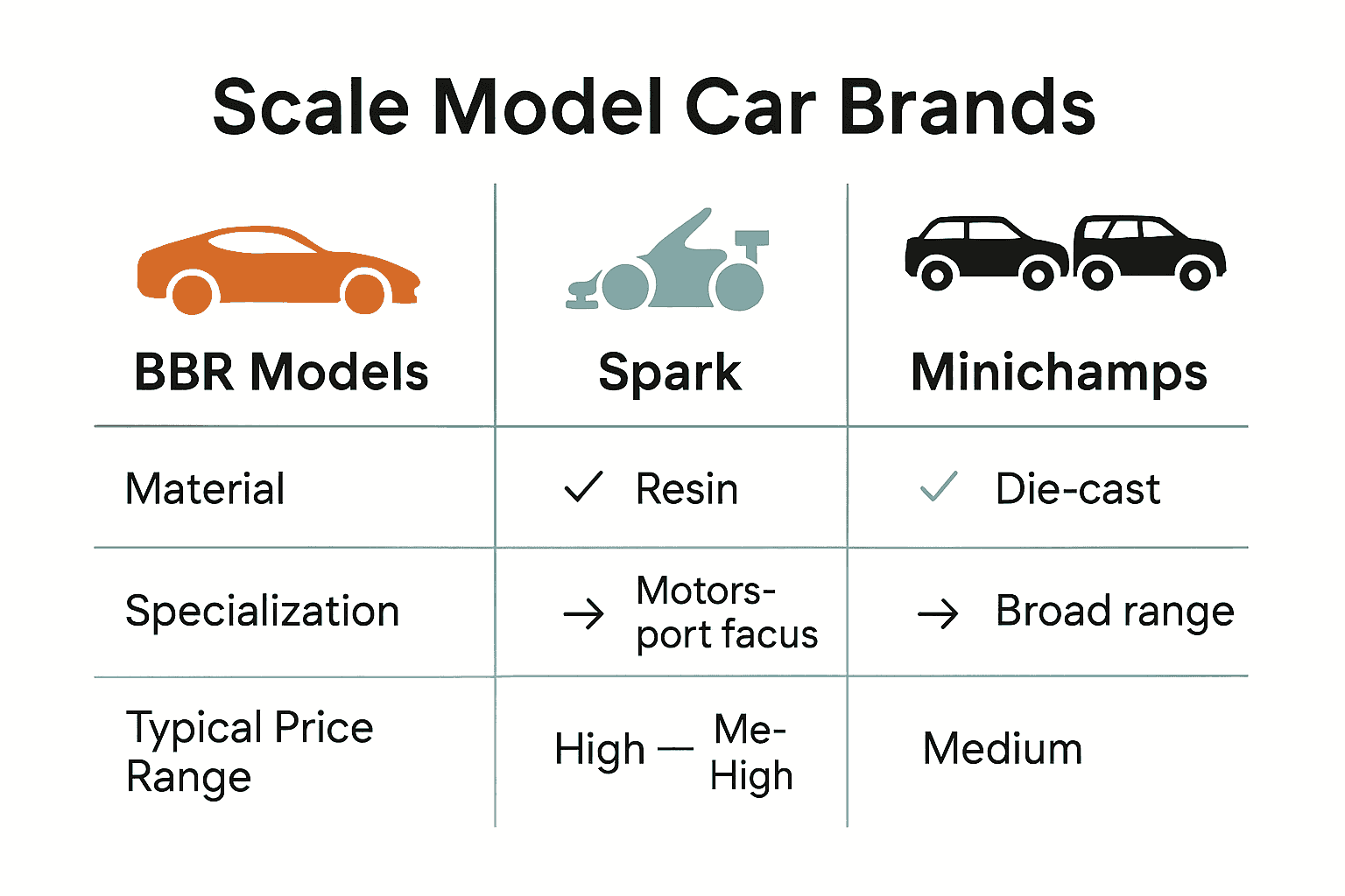Infographic comparing top scale model car brands on material, focus, and price.