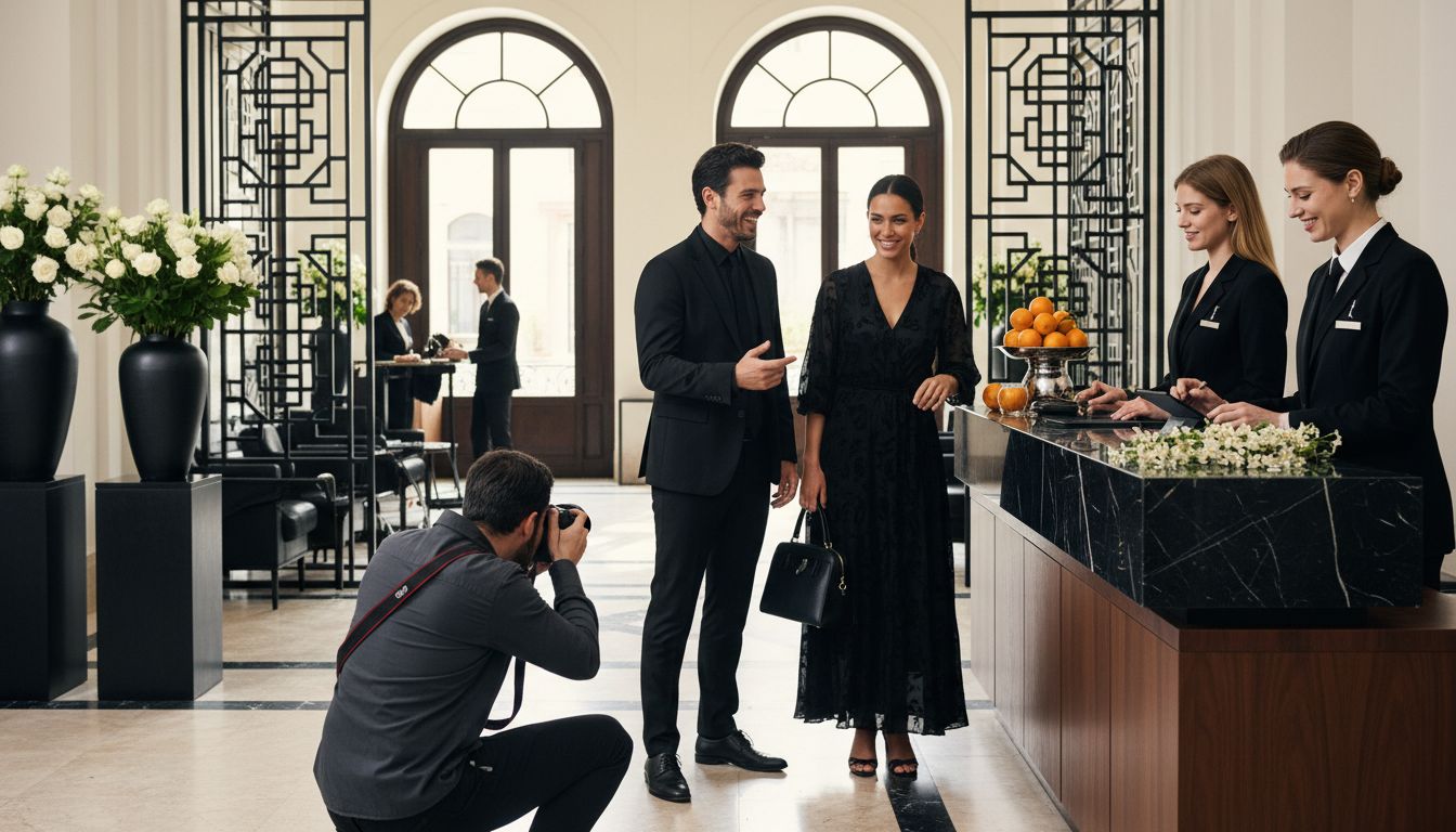 Fotograf&iacute;a profesional de hotel con clientes y fot&oacute;grafo